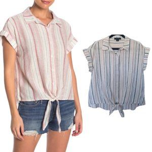 Sanctuary Borrego Linen Blend Striped Tie Front Button Down Top Size M